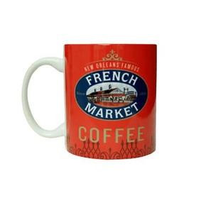 French Market Coffee Red Ceramic Mug, a ceramic mug with the French Market Coffee logo and vibrant red color.