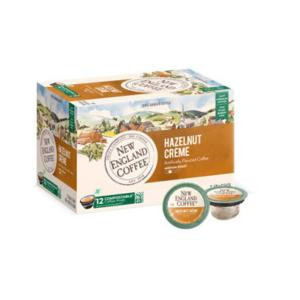 New England Coffee Hazelnut Creme Single Serve 12 ct Box, packaging featuring a scenic landscape with mountains and trees, indicating flavored coffee for single serve machines.
