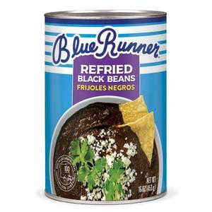 Blue Runner Refried Black Beans 16oz, can of seasoned black beans with cilantro and tortilla chips on the label.