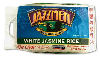 Jazzmen Rice Jazzmen White Rice 25lb, image of a blue and white rice bag with the brand name 'Jazzmen' and product details on the packaging.