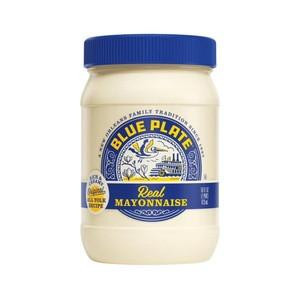 Blue Plate Mayonnaise 16 oz., jar of creamy mayonnaise with blue and yellow label featuring the Blue Plate logo and a nautical theme.