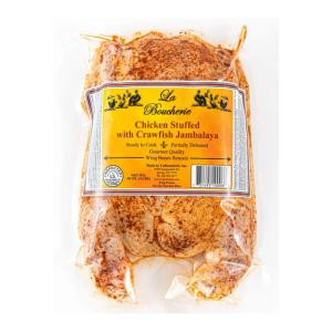 La Boucherie Crawfish Jambalaya Stuffed Cajun Style Chicken 3 lb, raw stuffed chicken with a spicy crawfish jambalaya filling inside