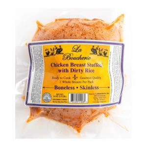 La Boucherie Dirty Rice Stuffed Cajun Chicken Breast 24oz, packaged raw chicken breast stuffed with spicy dirty rice filling in clear plastic packaging.