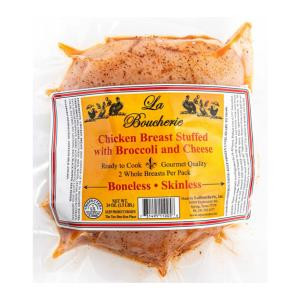 La Boucherie Broccoli and Cheese Stuffed Cajun Chicken Breast 24oz, raw chicken breast stuffed with broccoli and cheese in Cajun seasoning, in clear packaging with label.