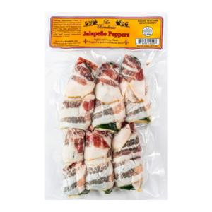 La Boucherie Jalapeño Poppers Stuffed with Cream Cheese Wrapped in Bacon 12 oz, packaged bacon-wrapped jalapeño poppers with cream cheese filling in clear plastic packaging.