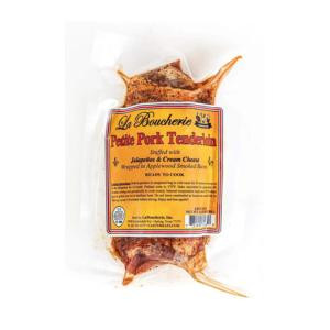 La Boucherie Bacon Wrapped Petite Pork Tenderloins 14 - 16oz, packaged in clear vacuum-sealed plastic with a yellow label displaying product details.