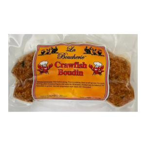 La Boucherie Crawfish Boudin 12oz, packaged crawfish boudin sausage in clear plastic packaging with orange label featuring crawfish illustrations.