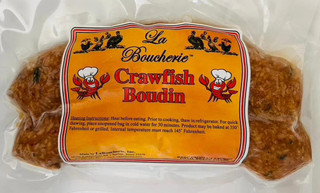 La Boucherie Crawfish Boudin 12oz, packaged seafood sausage with crawfish meat in a clear plastic bag.