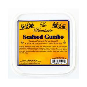La Boucherie Seafood Gumbo, 32 oz., product container with yellow label detailing seafood gumbo ingredients and brand information.