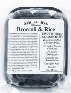 La Boucherie Broccoli & Rice 2lbs, packaged fresh broccoli and rice dish in a plastic container with a label showing ingredients and product details.
