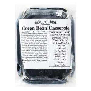 La Boucherie Green Bean Casserole 2 lb, packaged frozen casserole dish with a label listing ingredients and serving suggestions.