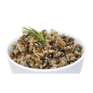 La Boucherie Wild Rice Pecan Side Dish 2 lb, close-up of cooked wild rice mixed with pecans garnished with a sprig of rosemary in a white bowl.