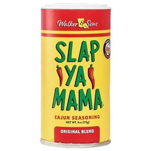 Slap Ya Mama Original Blend Cajun Seasoning 4oz, cylindrical spice container with red, yellow, and green labeling, featuring the product name and images of red chili peppers.