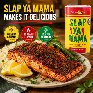 Slap Ya Mama Original Blend Cajun Seasoning 4oz, colorful can of cajun seasoning with a plate of grilled salmon, rice, green beans, lemon wedges, and garnishing herbs.