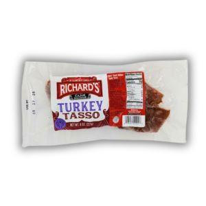 Richards Turkey Tasso 8oz, packaged sliced turkey tasso meat in clear plastic wrapping with red and white label.