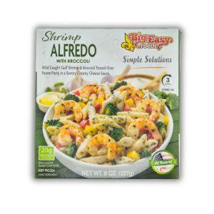 Big Easy Foods Shrimp Alfredo with Broccoli 8 oz., packaged dish featuring shrimp and broccoli in Alfredo sauce on a plate.