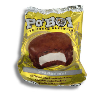 New Orleans Ice Cream - Vanilla Bean PoBoy, packaged ice cream sandwich with creole cream cheese flavor, chocolate cookie sandwich dipped in milk chocolate.
