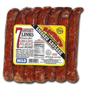Savoies 8 Links Smoked Mild Mixed Sausage, image shows a package of eight smoked sausage links with a yellow label containing product information.
