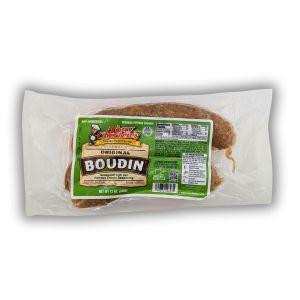 Tony Chachere's Original Boudin 12 oz., packaged meat product in clear plastic wrapping with green label.