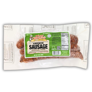 Tony Chachere's Jalapeno Boudin 12 oz., packaged spicy jalapeno boudin sausage in clear plastic with green label.