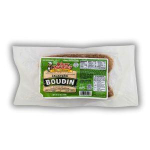 Tony Chachere's Jalapeno Boudin, packaged 12 oz sausage with jalapeno peppers and spices in transparent wrapping for outdoor grilling or cooking.