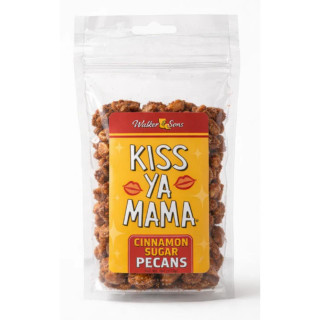 Kiss Ya Mama Pecans 4oz, cinnamon sugar pecans in a clear plastic bag with a red and yellow label.