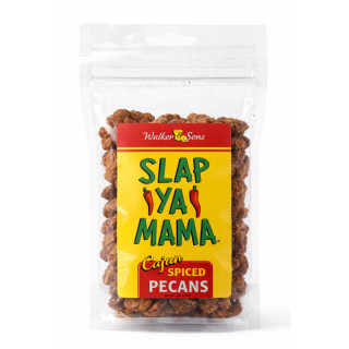 SLAP YA MAMA Cajun Spiced Pecans 4oz, package of spiced pecans with vibrant label featuring red, yellow, and green colors, and chili pepper graphics.