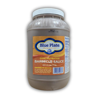 Blue Plate Concentrated Barbecue Sauce Gallon, a large plastic container with a label displaying the brand and product details.