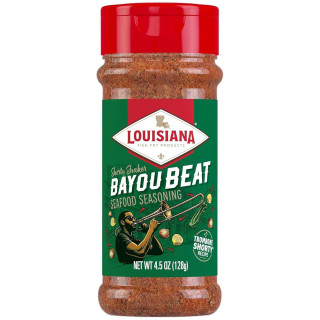 Louisiana Fish Fry Bayou Beat Shorty Shaker 4.5oz, a plastic spice container with red lid and a label featuring a mascot playing a trombone, highlighting seafood seasoning for flavorful dishes.
