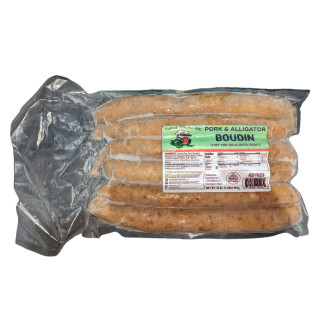 Gator World Pork Boudin 2lb, packaged pork and alligator sausage in a clear vacuum-sealed bag.
