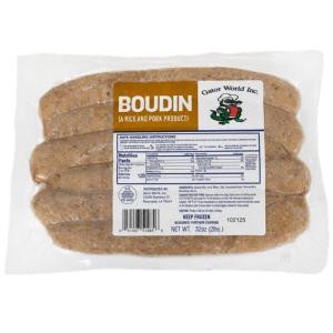Gator World Pork Boudin 2lb, packaged pork and rice sausage product in clear plastic packaging with label.