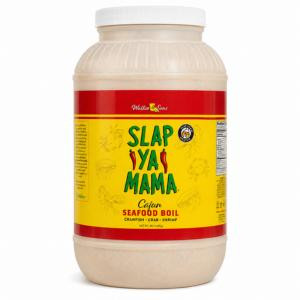 Slap Ya Mama Seafood Boil Seasoning 1 Gallon Jug, large white plastic container with vibrant yellow and red label highlighting the product name and flavor.