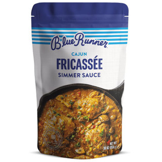 Blue Runner Cajun Fricassee 30oz Pouch, front view of the product packaging showcasing the Cajun fricassee in a cast iron skillet with herbs and ingredients.