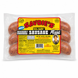 Savoies Smoked Mild Beef & Pork Sausage 16oz, ready-to-cook mixed smoked sausage in clear plastic packaging with colorful label.