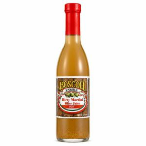 Boscoli Dirty Martini Olive Juice Hot 12.7oz, glass bottle of spicy olive juice with red cap and label featuring the brand and product details.
