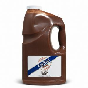 Crystal Original Steak Sauce 1 Gallon, image of a large plastic jug of rich, brown steak sauce with a white cap and label.