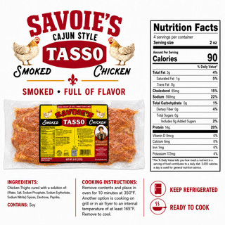 Savoies Chicken Tasso 8oz, packaged smoked cajun style chicken thighs with visible seasoning and smoked appearance.