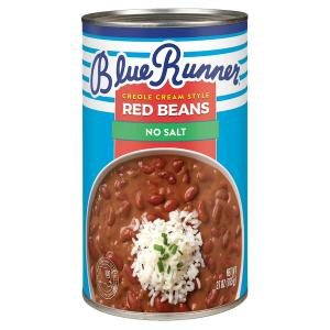 Blue Runner No Salt Creole Cream Style Red Beans, can of seasoned red beans in a blue and white can with a label showing the product name and a bowl of red beans with creole seasoning and garnish.