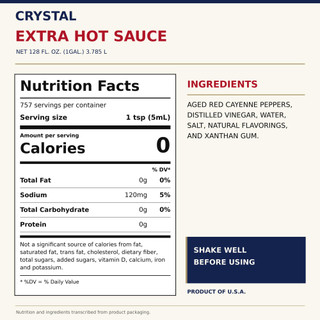 Crystal Extra Hot Sauce, 128oz bottle with detailed nutrition label and ingredients list.