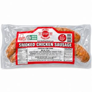 The Best Stop Smoked Green Onion Chicken Sausage 14oz, packaged smoked chicken sausage with green onions in clear vacuum-sealed plastic wrapping.