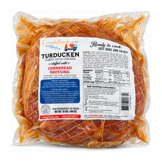 Cornbread Turducken 10lbs, packaged gourmet poultry dish stuffed with cornbread dressing, perfect for serving approximately 15 people.