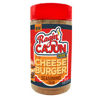 Ragin' Cajun Cheeseburger Seasoning & Rub- 8oz, red-capped bottle of Cajun cheeseburger seasoning and rub with bold red and yellow label, shown on a white background.