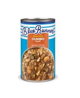 Blue Runner Seafood Gumbo Base 25oz, can of seafood gumbo base with a label displaying a bowl of gumbo with seafood and rice, and the product name on the front.