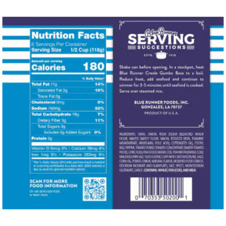Blue Runner Seafood Gumbo Base 25oz, product package featuring nutrition facts and cooking instructions.