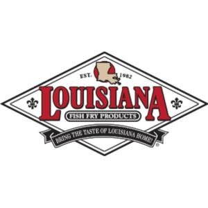 Louisiana Fish Fry Gift Basket 11 PC, logo of Louisiana Fish Fry Products with a fish shape, red and black text, and a banner that says Bring the Taste of Louisiana Home.
