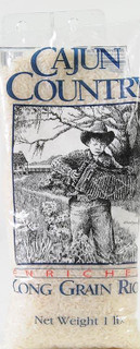 Cajun Country Long Grain Rice 1lb, traditional rice packaging with a black and white illustration of a woman playing an accordion outdoors.