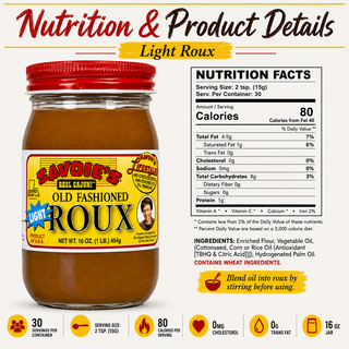 Savoie's Savoies Light Roux 16oz, jar of light roux sauce with a red lid and yellow label featuring the Savoie's logo and a photo of a man.