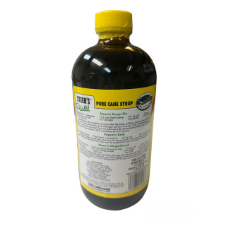 Steen's Pure Cane Syrup 16oz Bottle, dark glass bottle with yellow cap and yellow label featuring product information and recipes.