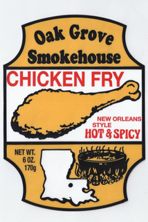 Oak Grove Smokehouse Oak Grove Chicken Fry 6oz, product label featuring a fried chicken drumstick illustration and emphasis on hot and spicy flavor.