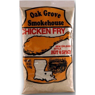 Oak Grove Smokehouse Oak Grove Chicken Fry 6oz, packaged spicy chicken fry with illustration of chicken drumstick and a pot of seasonings.